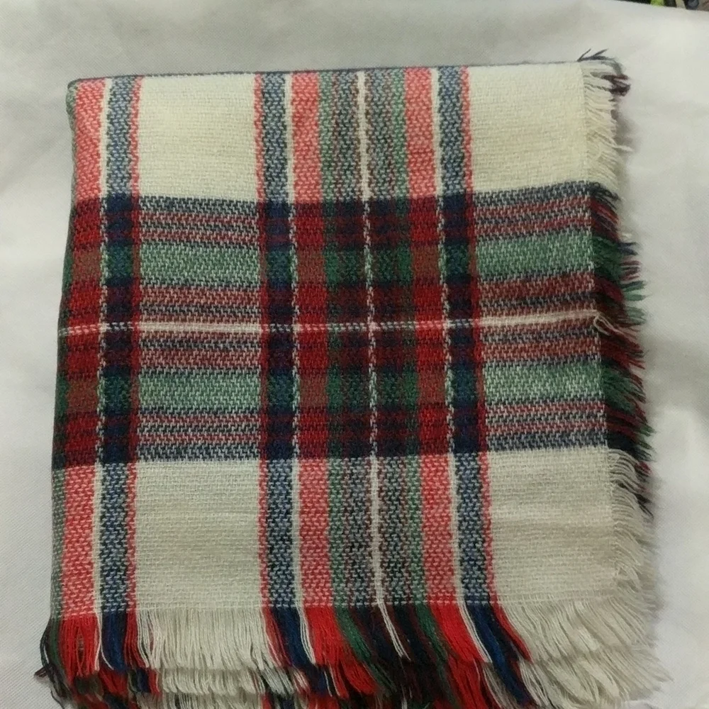 Cream, Red, Green, Blue Plaid Woven Blanket Scarf with Fringe